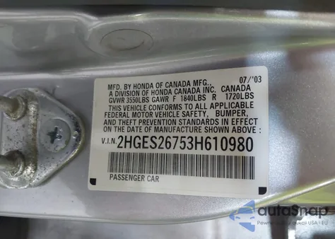 2003 Honda Civic Ex from USA, damaged, VIN 2HGES26753H610980